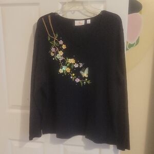 Quacker Factory SzXL Black cotton Top with floral butterfly Embroidery